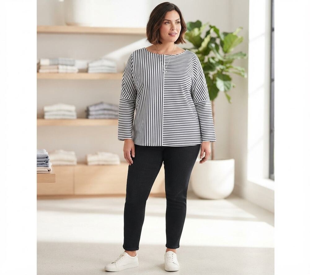 Chico's No Iron Black White Striped Top Size 4 (US 2X 20/22) Cotton Boatneck